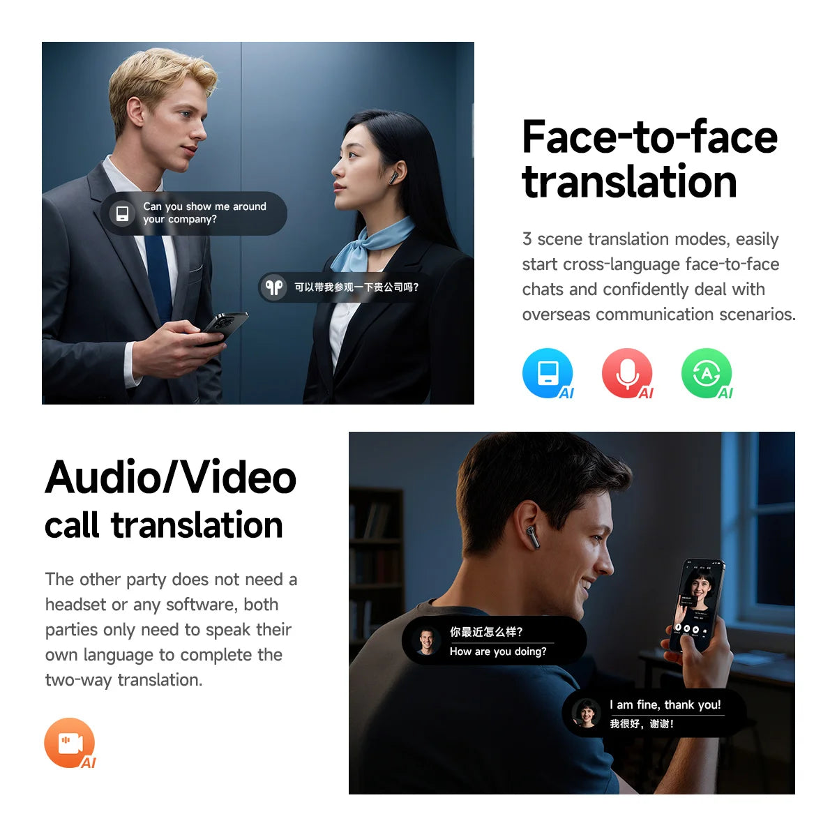 AeroTranslate™ Open-Ear AI Wireless Earbuds with Smart Touch Displa
